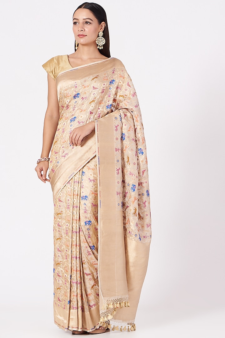 Ivory Banarasi Silk Saree by Mint n oranges