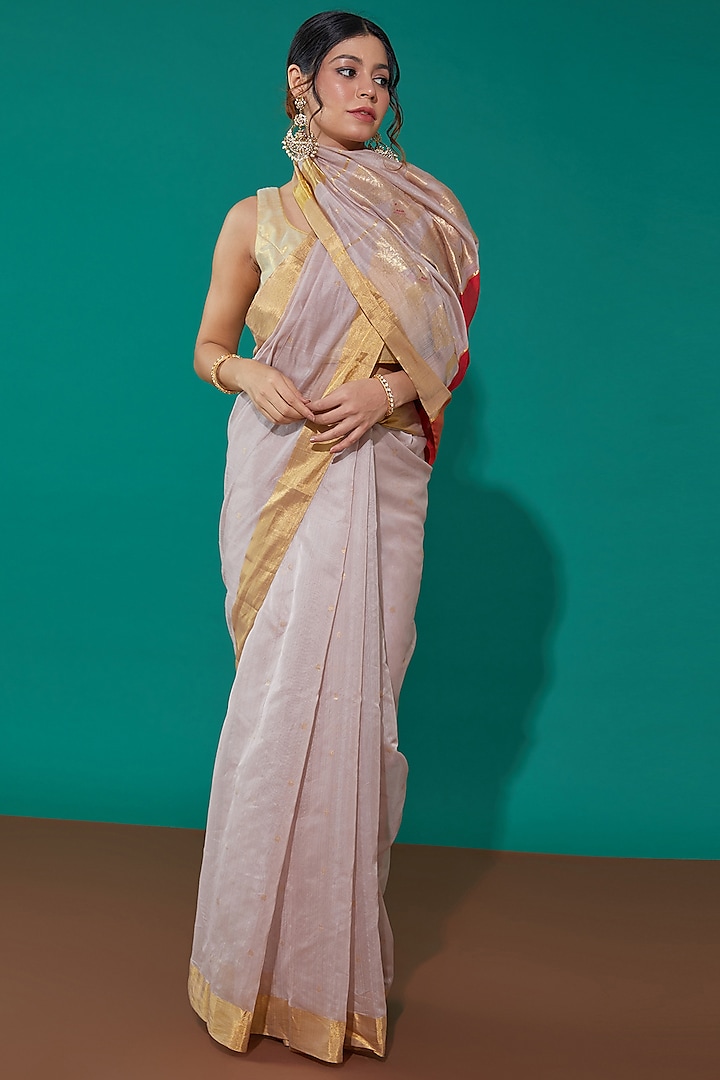 Beige Handwoven Pure Chanderi Zari Saree Set by Mint N Oranges at Pernia's Pop Up Shop