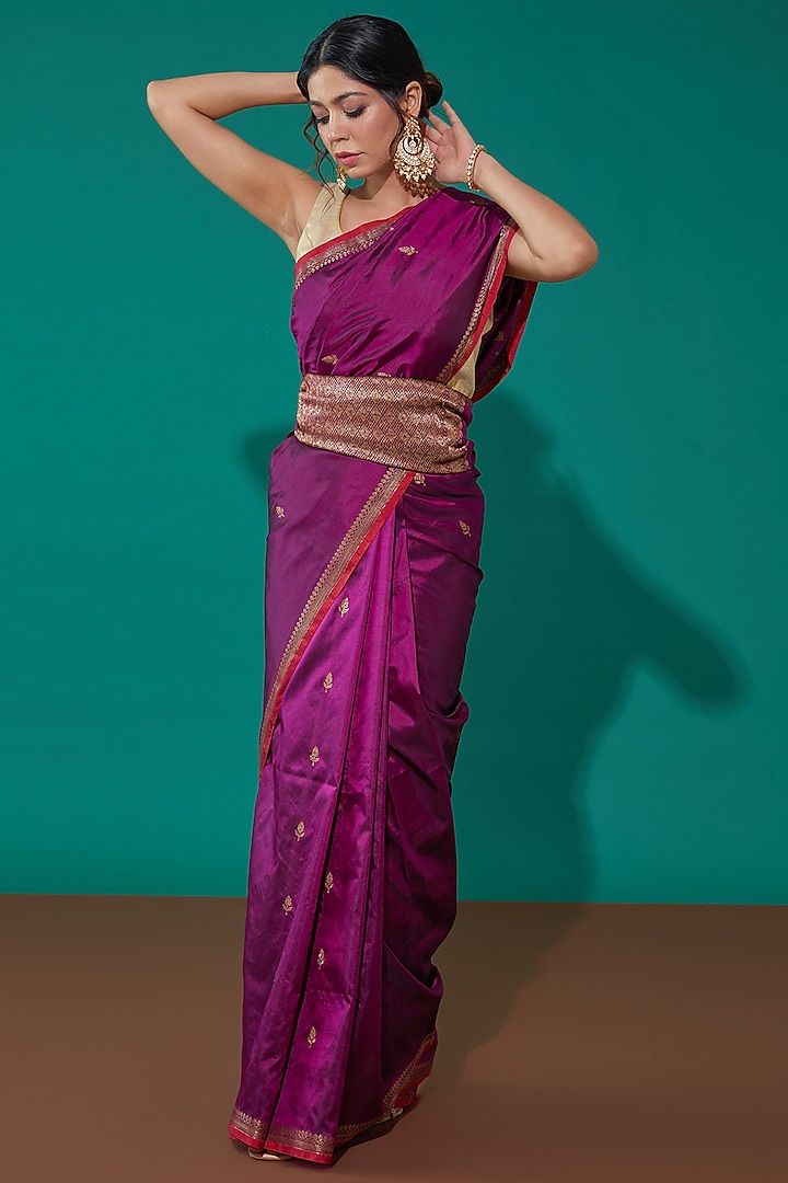 Purple Pure Banarasi Silk Handwoven Saree Set by Mint N Oranges at Pernia's Pop Up Shop