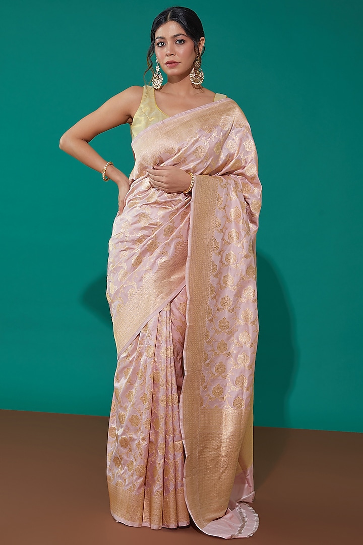 Pink Pure Banarasi Silk Handwoven Saree Set by Mint N Oranges at Pernia's Pop Up Shop