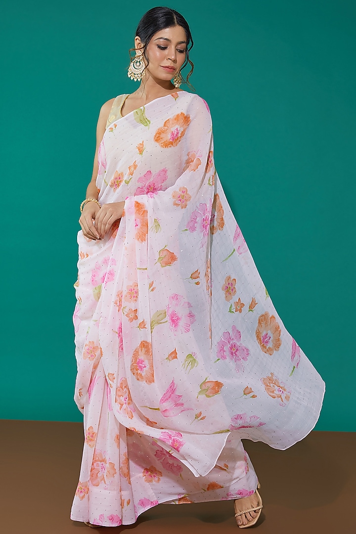 Pink Pure Chiffon Mukaish Saree Set by Mint N Oranges at Pernia's Pop Up Shop