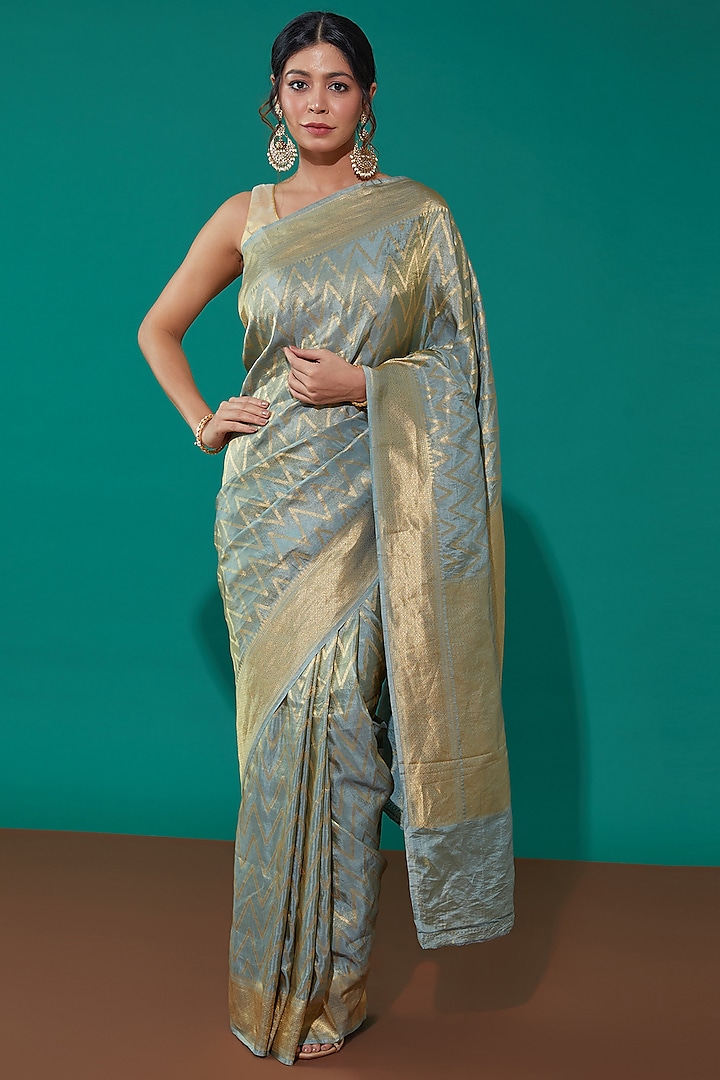 Blue Pure Banarasi Tissue Handwoven Saree Set by Mint N Oranges
