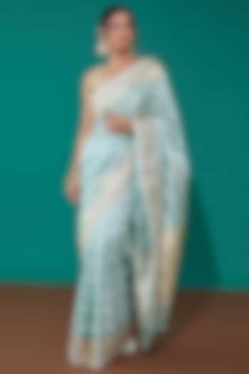 Blue Pure Banarasi Satin Silk Handwoven Saree Set by Mint N Oranges at Pernia's Pop Up Shop