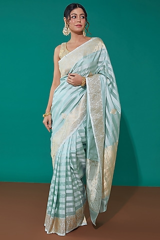 Blue Pure Banarasi Satin Silk Handwoven Saree Set by Mint N Oranges