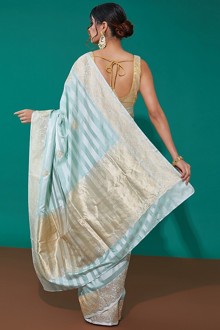 Blue Pure Banarasi Satin Silk Handwoven Party Wear Saree Set by Mint N Oranges at Pernia's Pop Up Shop