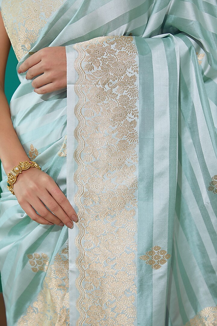 Blue Pure Banarasi Satin Silk Handwoven Party Wear Saree Set by Mint N Oranges at Pernia's Pop Up Shop