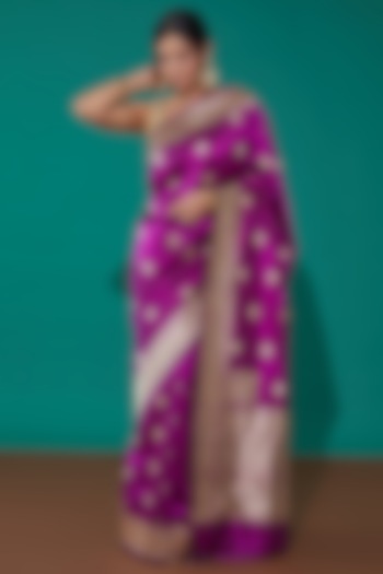 Purple Pure Banarasi Silk Handwoven Saree Set by Mint N Oranges at Pernia's Pop Up Shop