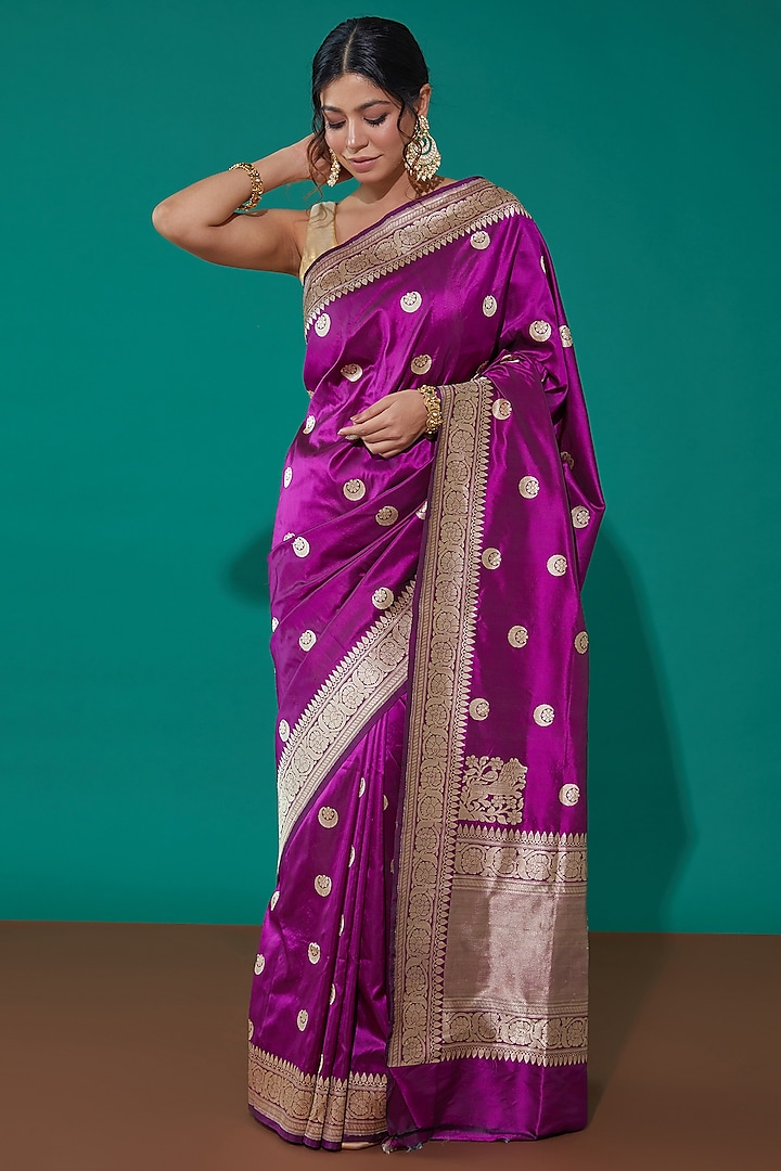 Purple Pure Banarasi Silk Handwoven Saree Set by Mint N Oranges at Pernia's Pop Up Shop