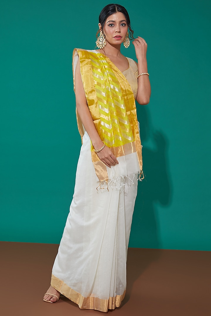 White & Yellow Pure Chanderi Zari Handwoven Saree Set by Mint N Oranges