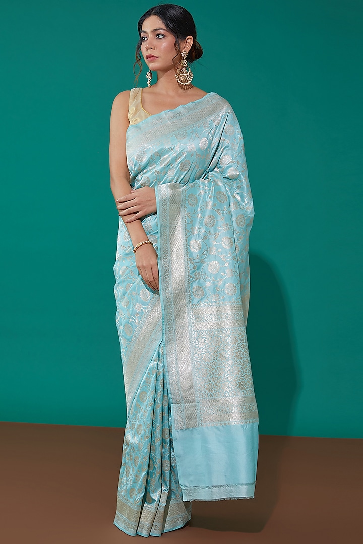 Blue Pure Banarasi Silk Zari & Jaal Handwoven Saree Set by Mint N Oranges