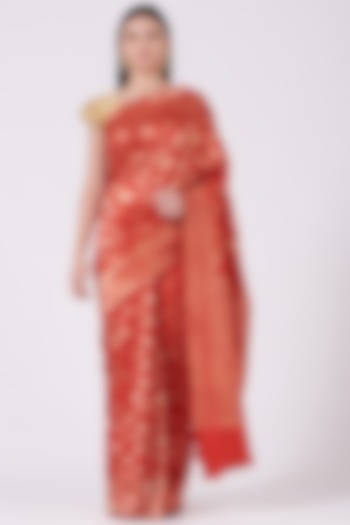 Red Pure Banarasi Silk Handwoven Saree Set by Mint N Oranges