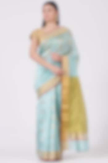 Sky Blue Pure Chanderi Silk Printed Handwoven Saree Set by Mint N Oranges