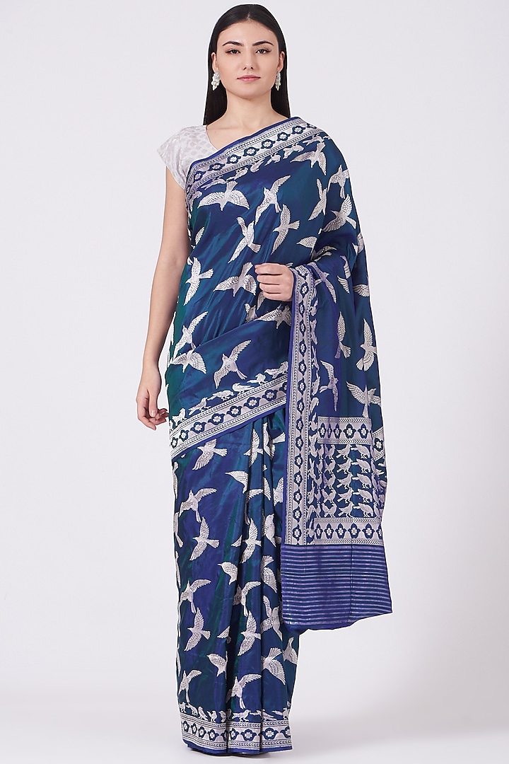 Midnight Blue Banarasi Silk Saree Set by Mint N Oranges