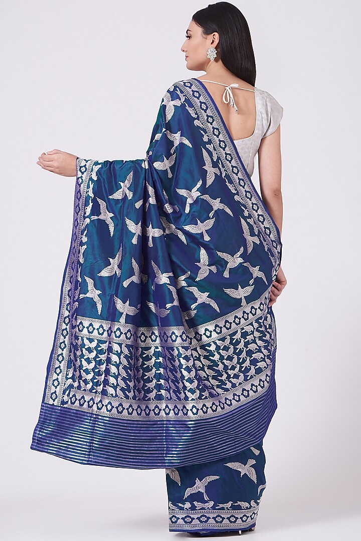 Midnight Blue Banarasi Silk Wedding Saree Set by Mint N Oranges at Pernia's Pop Up Shop