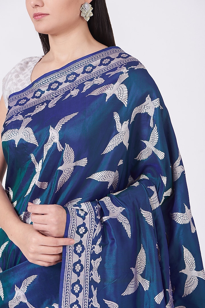 Midnight Blue Banarasi Silk Wedding Saree Set by Mint N Oranges at Pernia's Pop Up Shop