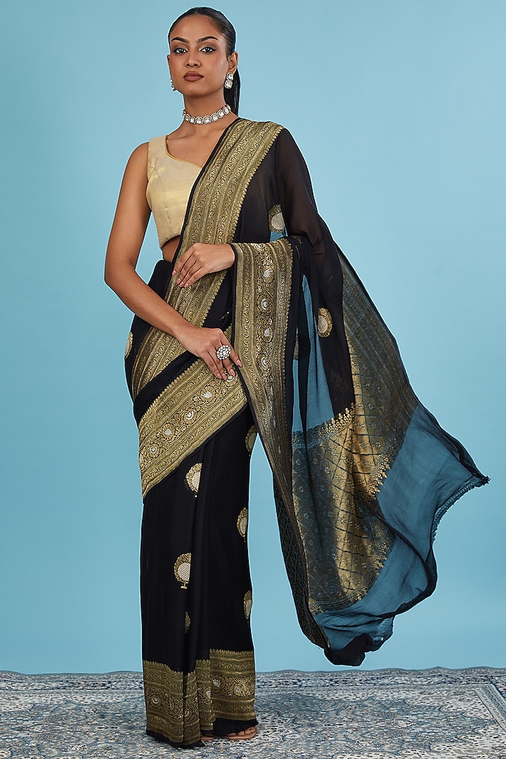 Black Pure Georgette Handwoven Saree Set by Mint N Oranges at Pernia's Pop Up Shop