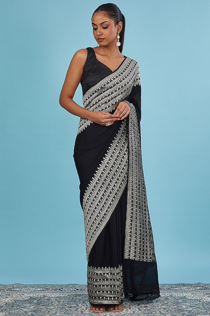 Black Pure Georgette Handwoven Saree Set by Mint N Oranges at Pernia's Pop Up Shop