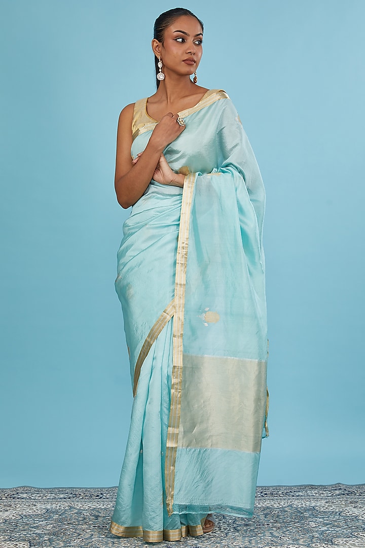 Blue Pure Banarasi Silk Handwoven Saree Set by Mint N Oranges