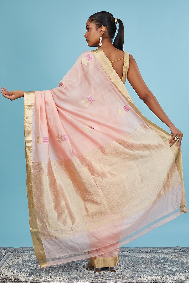 Peach Pure Banarasi Silk Handwoven Party Wear Saree Set by Mint N Oranges at Pernia's Pop Up Shop