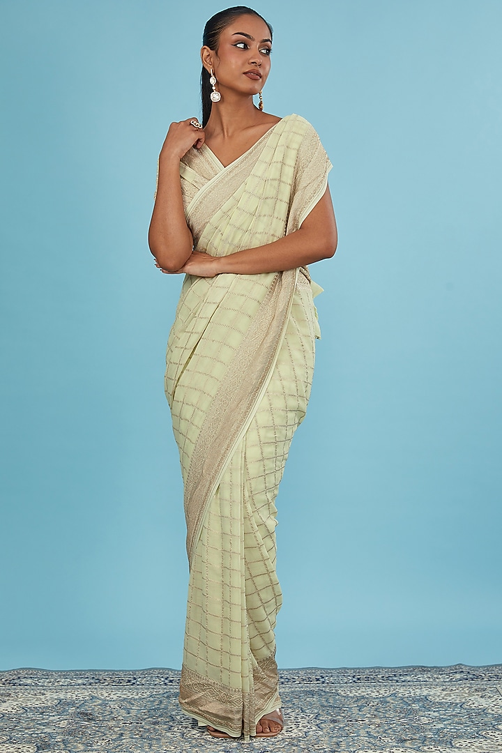 Light Lime Pure Georgette Handwoven Saree Set by Mint N Oranges