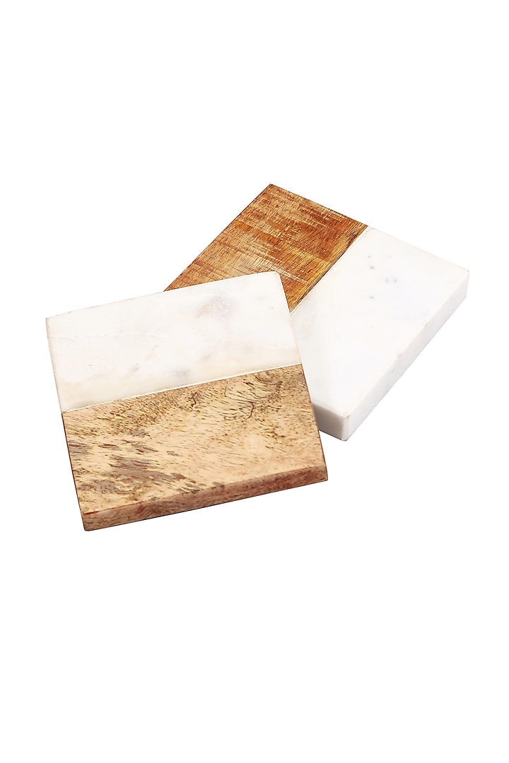 White & Brown Marble & Mango Wood Coasters (Set of 2) by Manor House at Pernia's Pop Up Shop