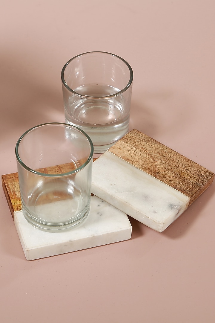 White & Brown Marble & Mango Wood Coasters (Set of 2) by Manor House at Pernia's Pop Up Shop