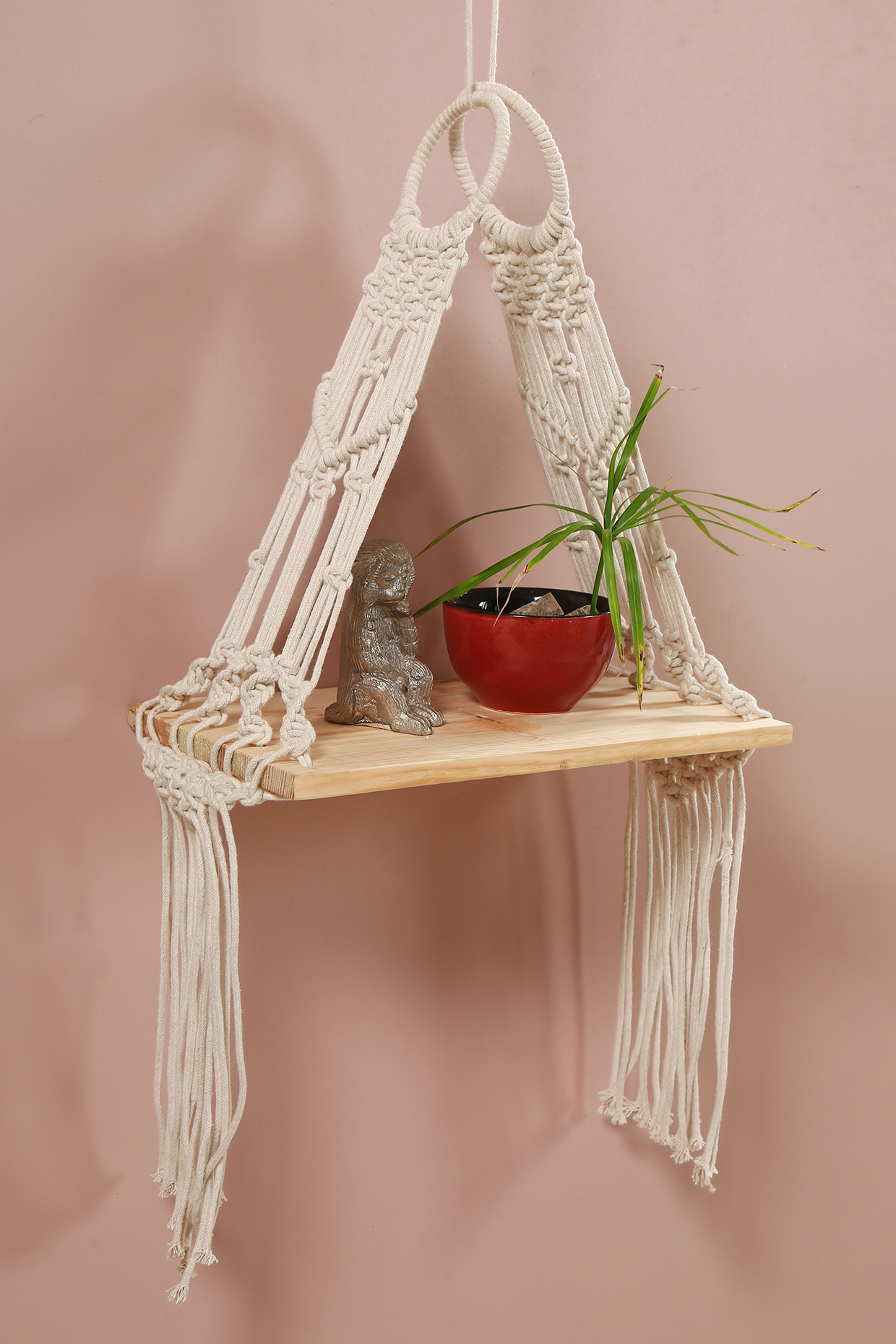 White Cotton & Pine Wood Wall Hanging Shelf by Manor House at Pernia's Pop Up Shop
