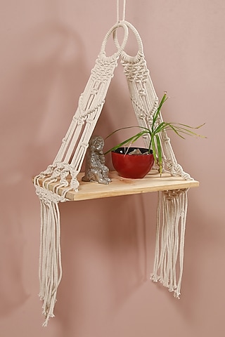 White Cotton & Pine Wood Wall Hanging Shelf by Manor House