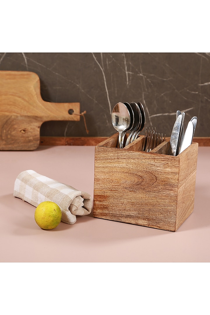 Brown Mango Wood Cutlery Holder by Manor House