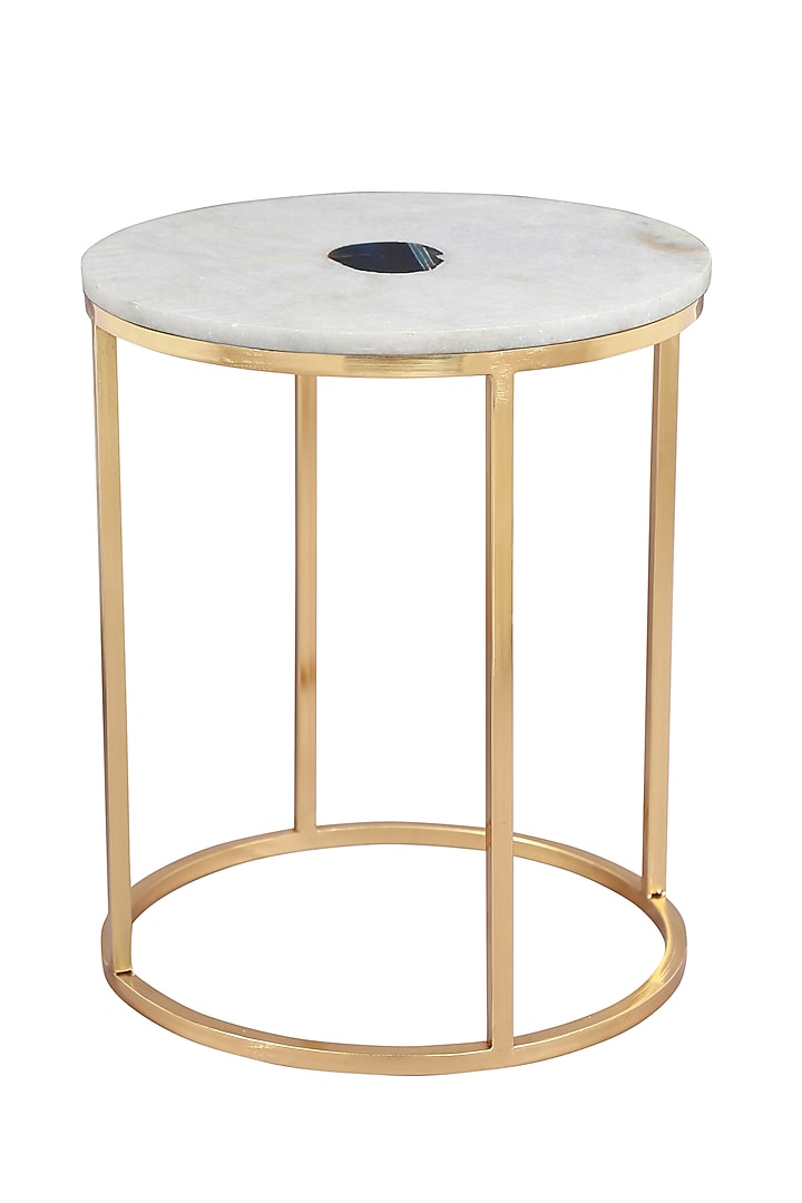 White Iron, Marble, & Agate Stone End Table by Manor House at Pernia's Pop Up Shop