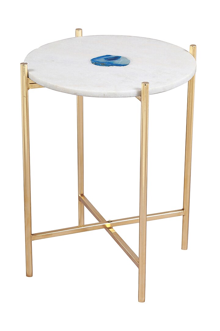 White End Table In Iron, Marble, & Agate Stone by Manor House at Pernia's Pop Up Shop