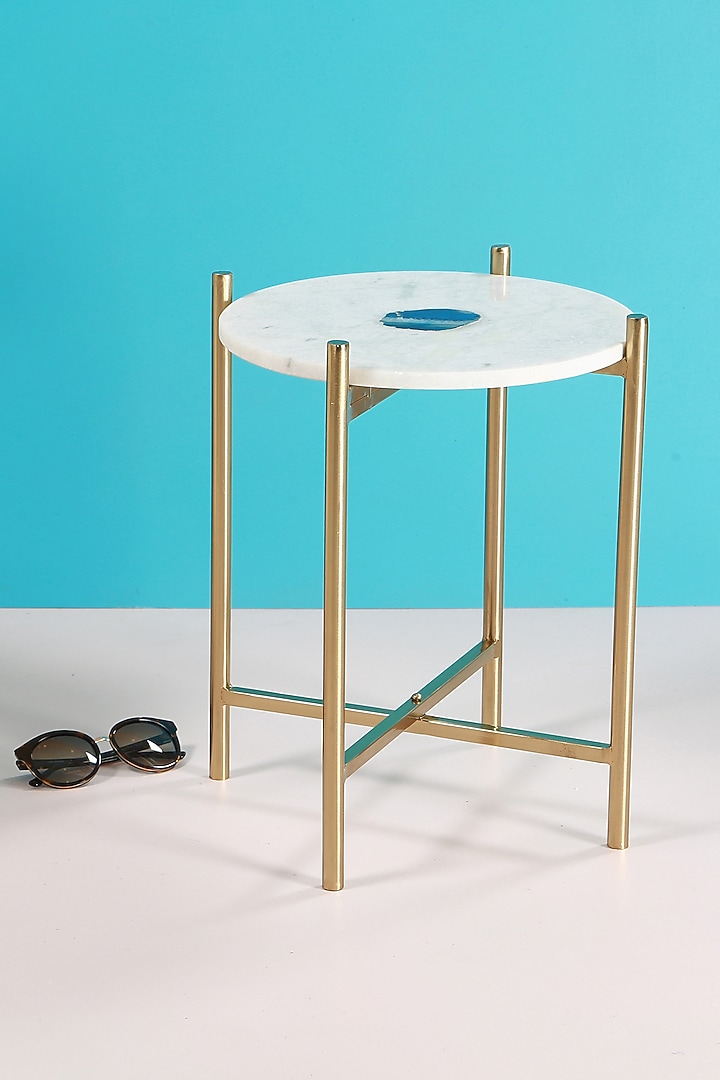 White End Table In Iron, Marble, & Agate Stone by Manor House at Pernia's Pop Up Shop