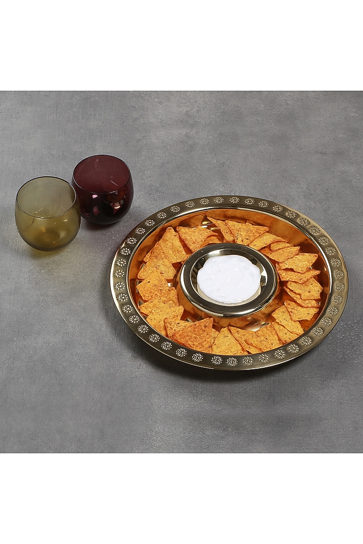 Gold Stainless Steel Chip & Plate (Set of 2) by Manor House at Pernia's Pop Up Shop