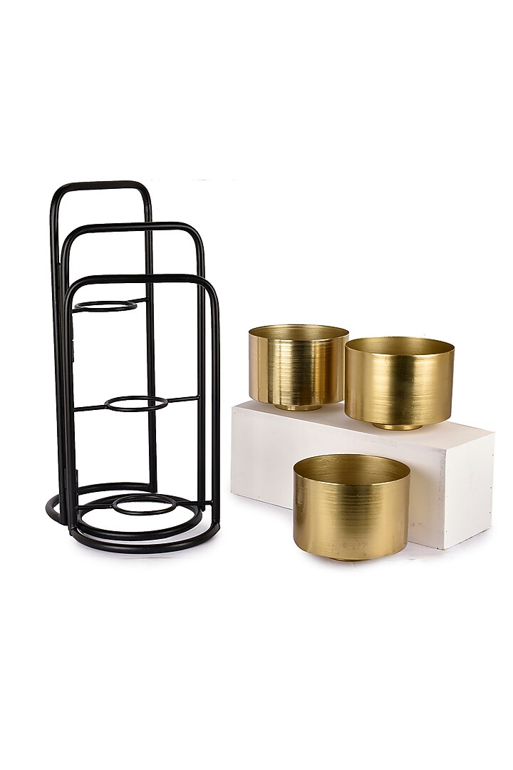 Black Foldable Planter With 3 Detachable Gold Finished Pots by Manor House at Pernia's Pop Up Shop