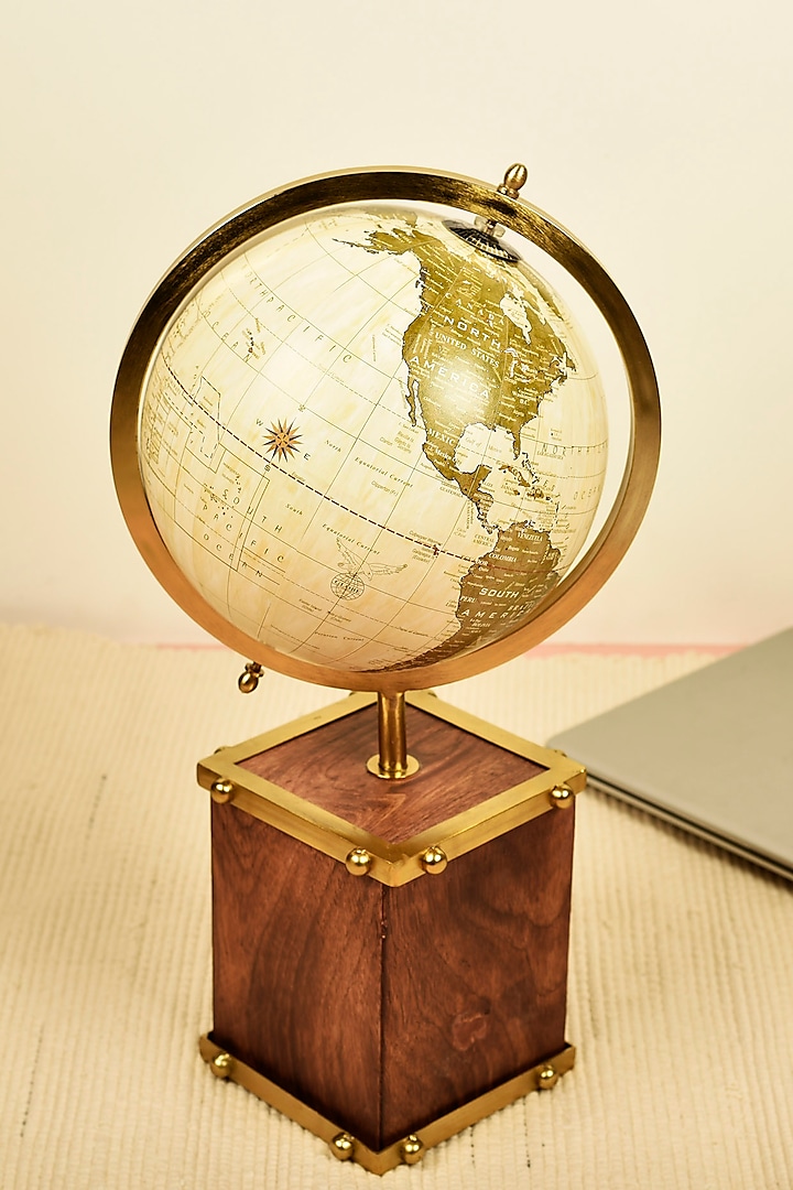 Gold Globe With Wooden Base & Metal Ring by Manor House