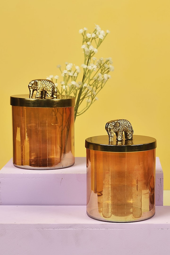 Gold Finish & Glass Lustre Jars With Metal Elephant Lid by Manor House