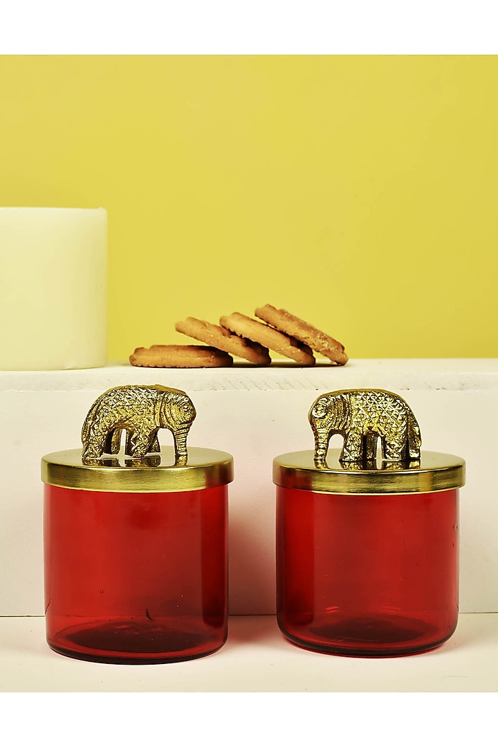 Red Glass Jars With Metal Elephant Lid (Set of 2) by Manor House at Pernia's Pop Up Shop