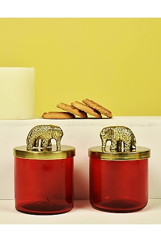 Red Glass Jars With Metal Elephant Lid (Set of 2) by Manor House