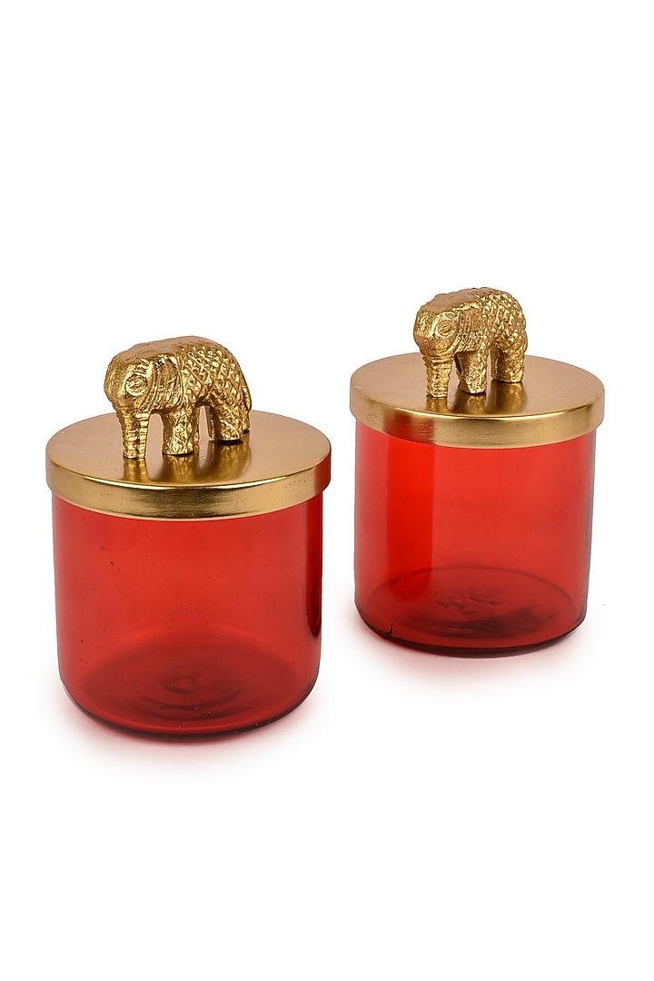 Red Glass Jars With Metal Elephant Lid (Set of 2) by Manor House at Pernia's Pop Up Shop