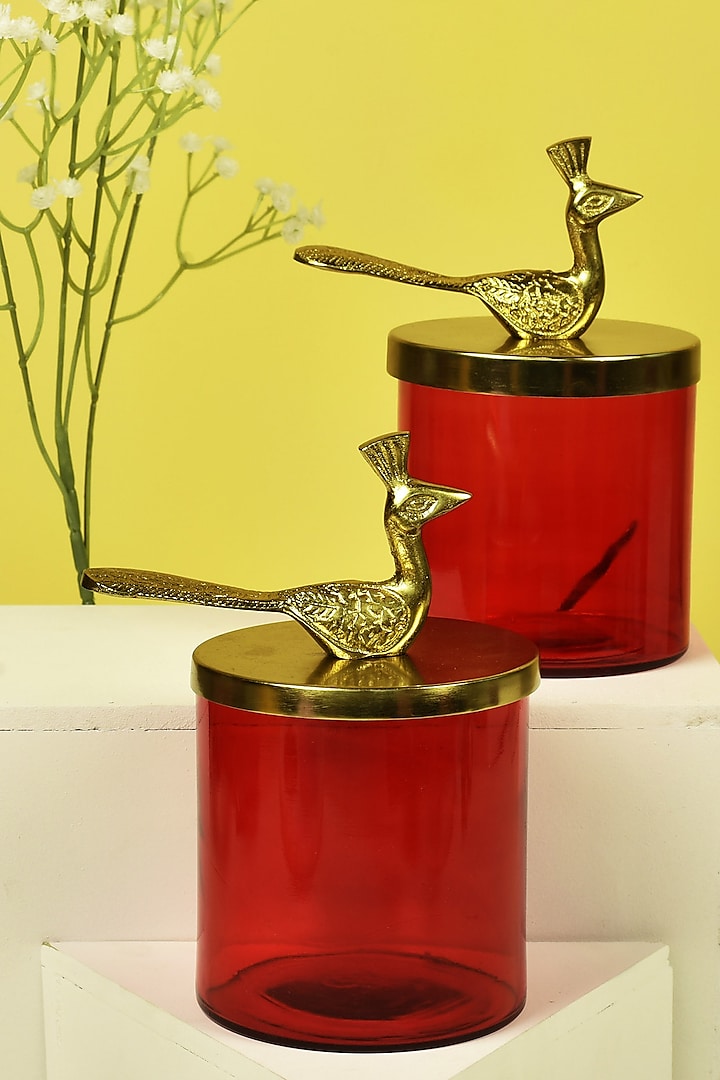 Lustre Glass Jars With Peacock Lid & Long Seenk Tray (Set of 2) by Manor House at Pernia's Pop Up Shop