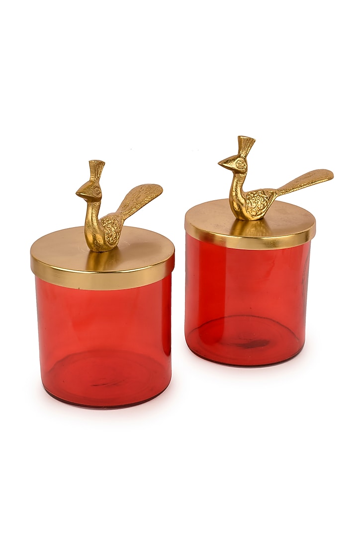 Lustre Glass Jars With Peacock Lid & Long Seenk Tray (Set of 2) by Manor House at Pernia's Pop Up Shop