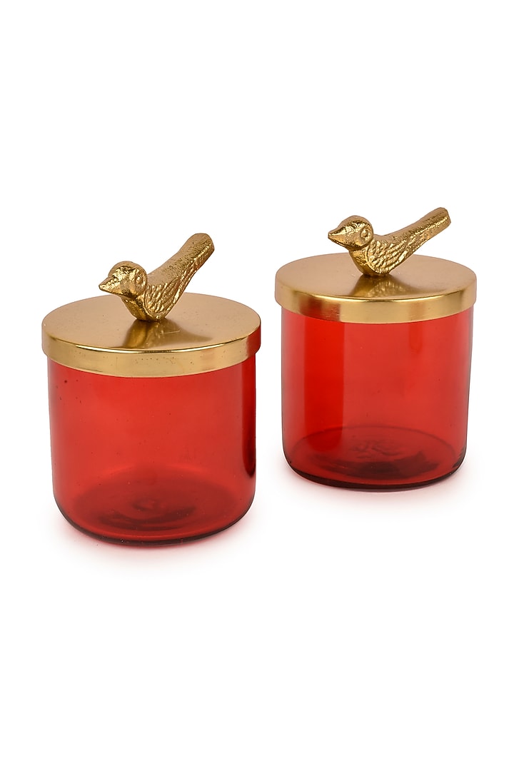 Red Glass Jars With Metal Bird Lid (Set of 2) by Manor House at Pernia's Pop Up Shop
