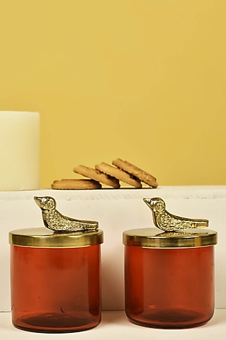 Red Glass Jars With Metal Bird Lid (Set of 2) by Manor House