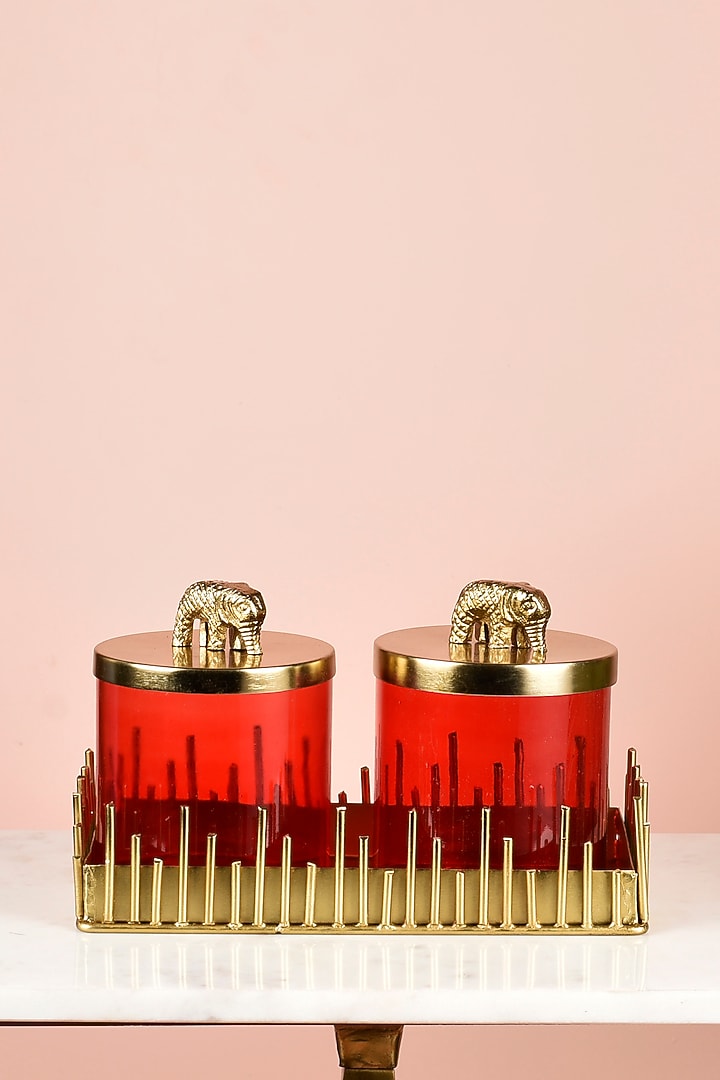 Red Glass Jars With Elephant Lid (Set of 2) by Manor House at Pernia's Pop Up Shop