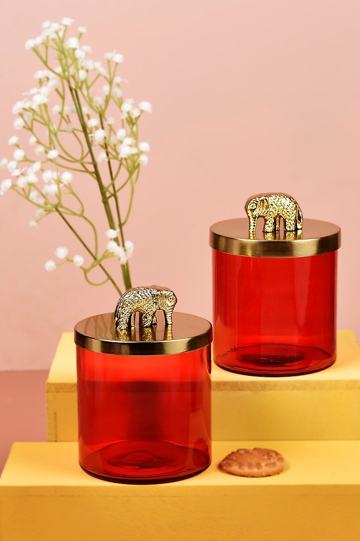 Red Glass Jars With Elephant Lid (Set of 2) by Manor House at Pernia's Pop Up Shop