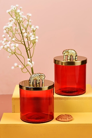 Red Glass Jars With Elephant Lid (Set of 2) by Manor House