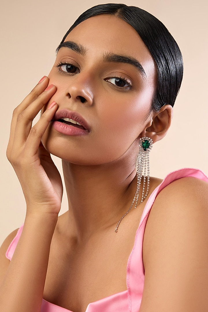 Silver Finish Rhinestone & Emerald Stone Dangler Earrings by MNSH at Pernia's Pop Up Shop
