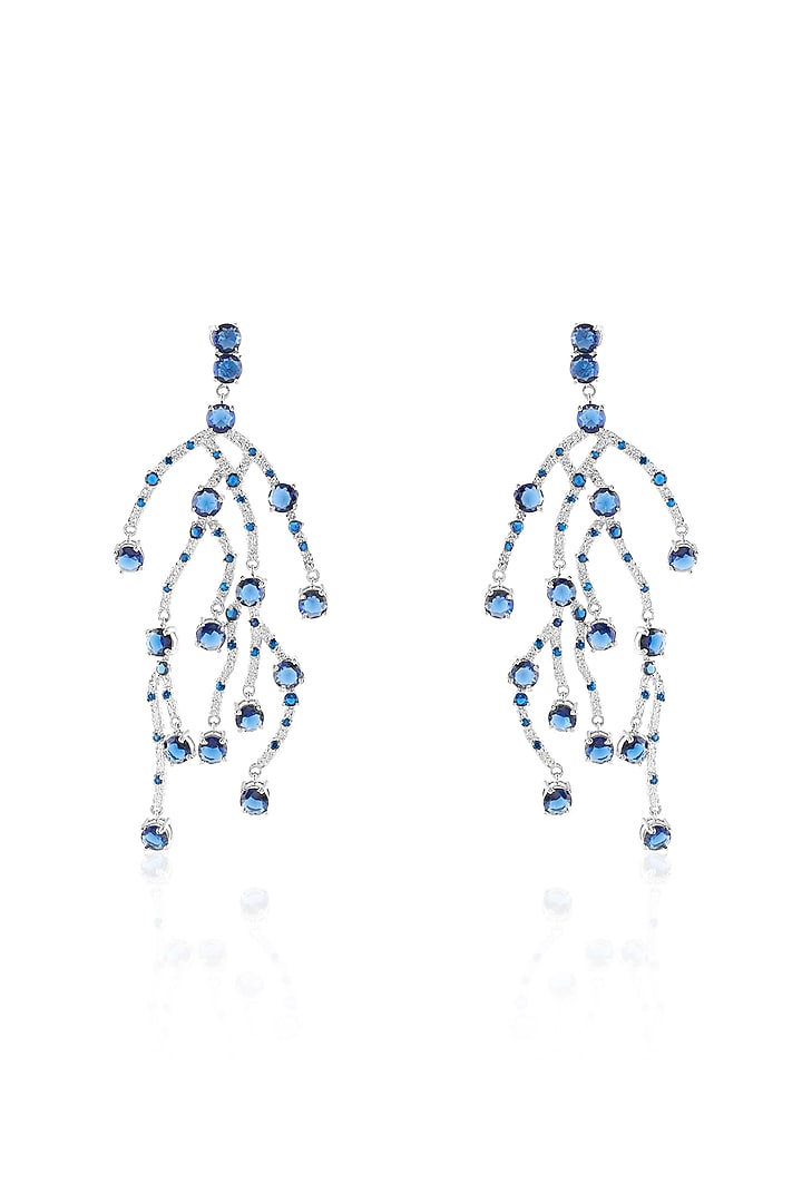 White Rhodium Finish Diamond & Sapphire Stone Dangler Earrings by MNSH at Pernia's Pop Up Shop