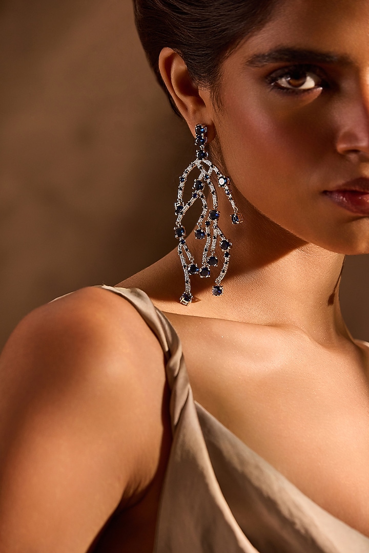 White Rhodium Finish Diamond & Sapphire Stone Dangler Earrings by MNSH at Pernia's Pop Up Shop