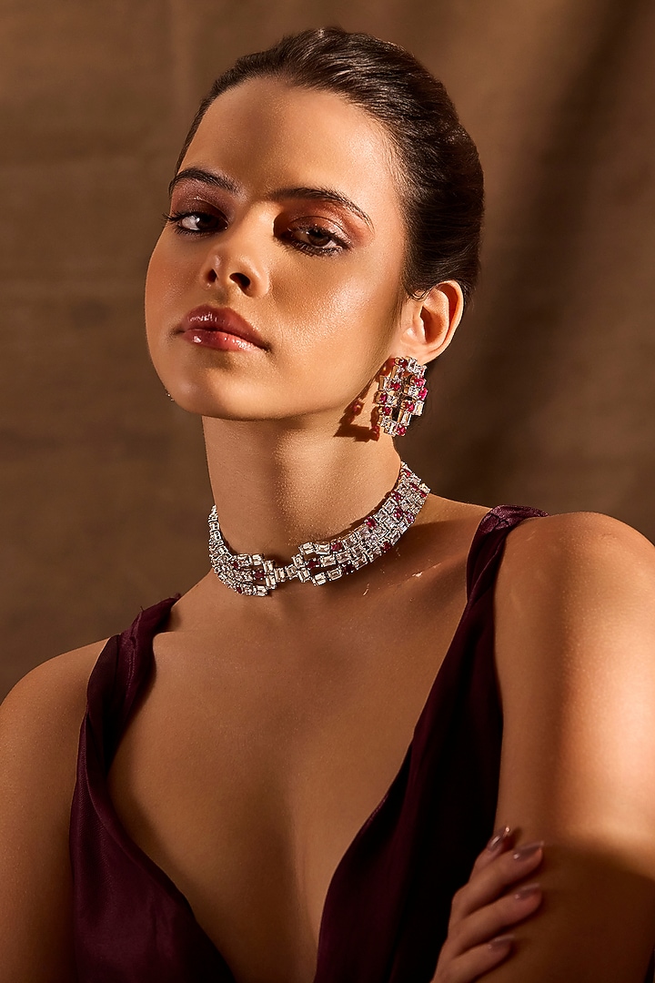 White Rhodium Finish Ruby Stone Choker Necklace by MNSH at Pernia's Pop Up Shop